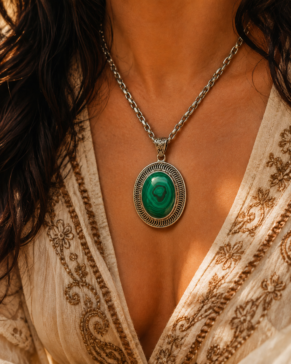 Sterling Silver Malachite Pendant – Oval Green Gemstone Statement Pendant