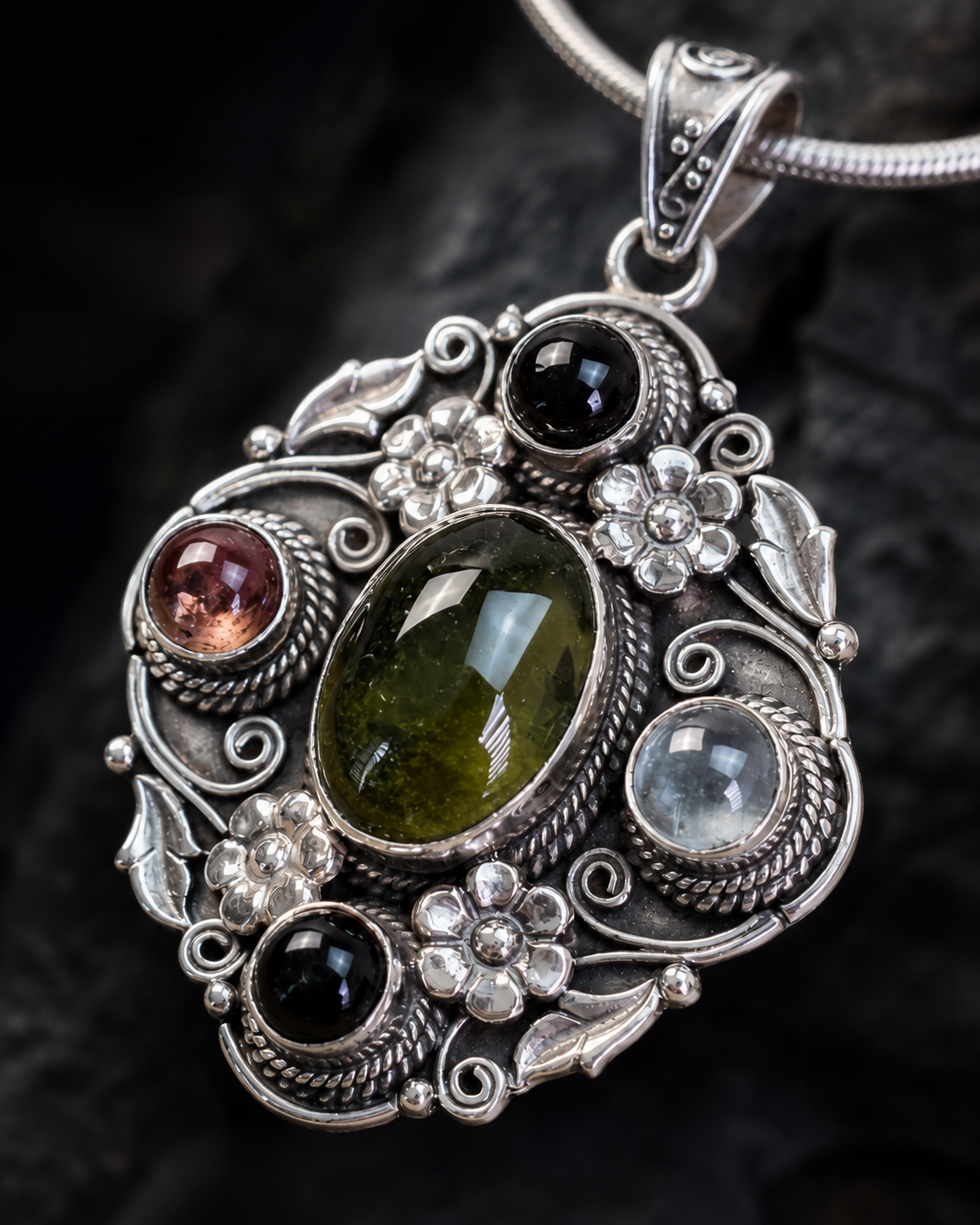 Sterling Silver Tourmaline Pendant , Multi-Stone Floral Artisan Boho Pendant