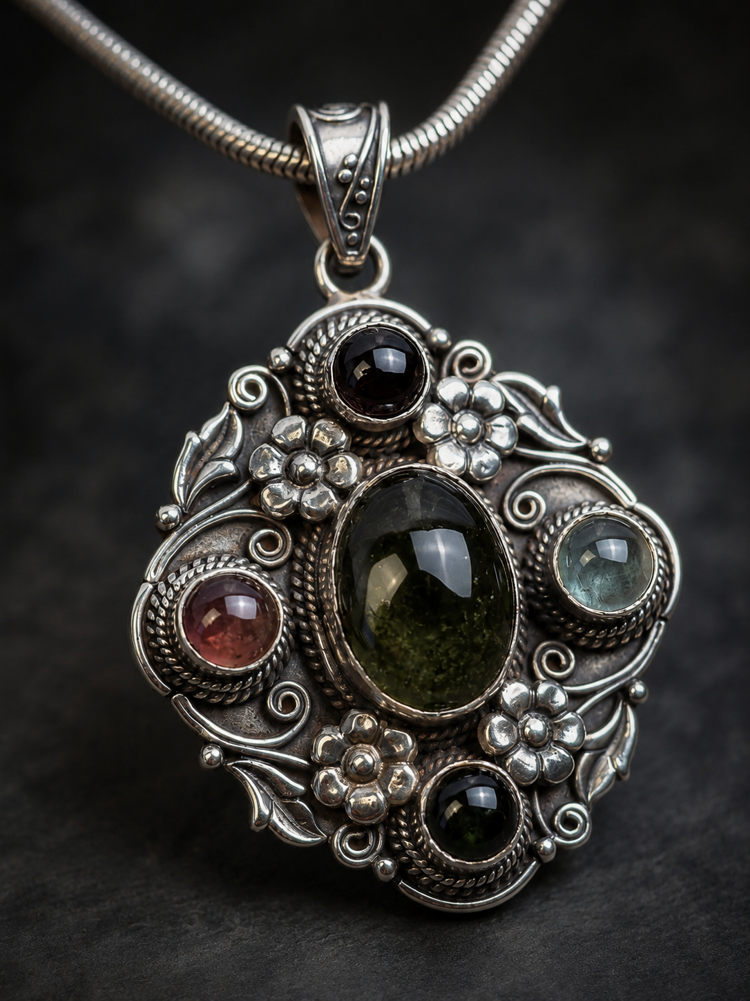 Sterling Silver Tourmaline Pendant , Multi-Stone Floral Artisan Boho Pendant