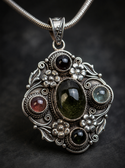 Sterling Silver Tourmaline Pendant , Multi-Stone Floral Artisan Boho Pendant