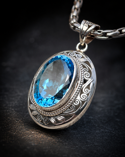 Sterling Silver 28ct Swiss Blue Topaz Pendant, Artisan Silver Gemstone Jewelry