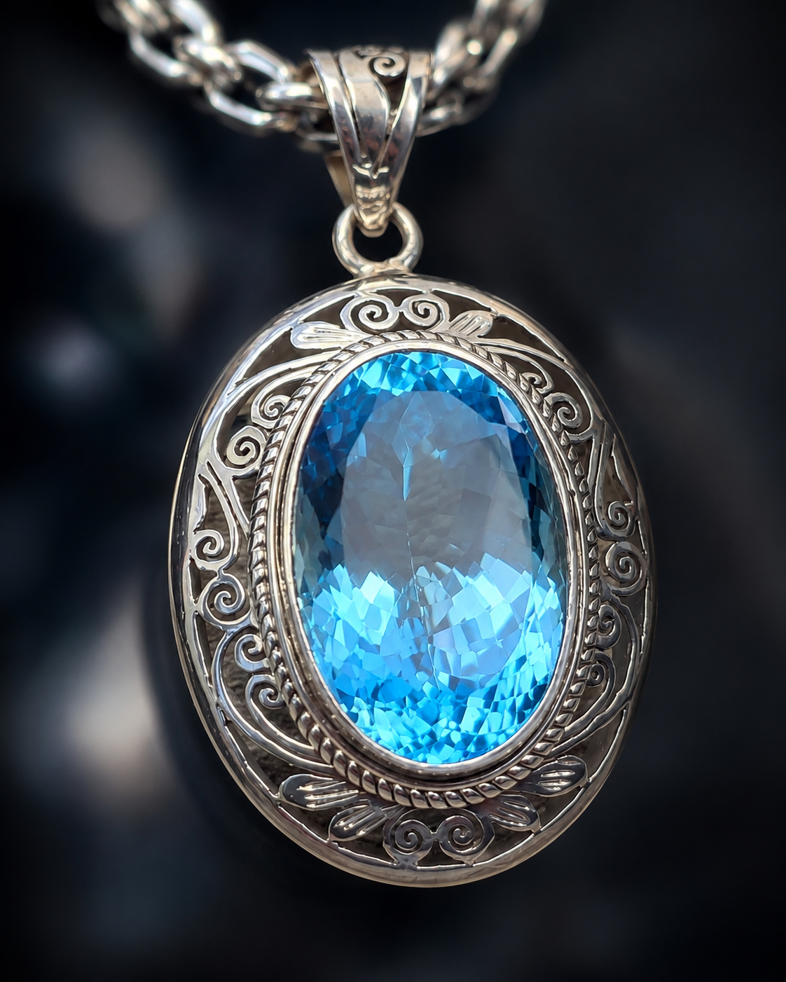 Sterling Silver 28ct Swiss Blue Topaz Pendant, Artisan Silver Gemstone Jewelry