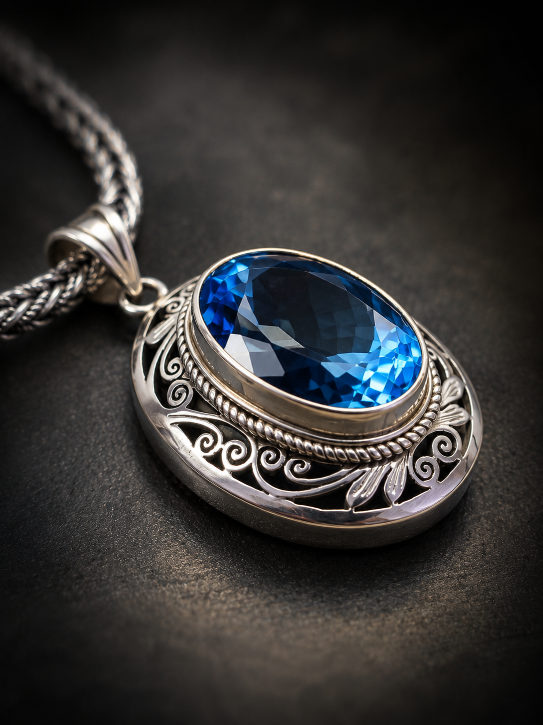 Sterling Silver 28ct Swiss Blue Topaz Pendant, Artisan Silver Gemstone Jewelry