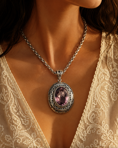 Handmade Sterling Silver 40ct Amethyst Pendant Necklace | Floral Filigree Statement Jewelry