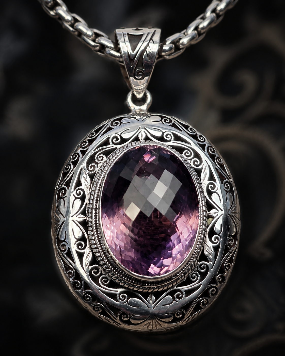 Handmade Sterling Silver 40ct Amethyst Pendant Necklace | Floral Filigree Statement Jewelry