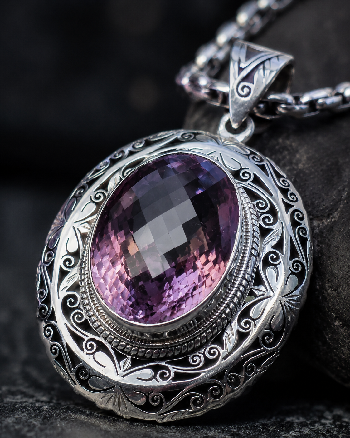 Handmade Sterling Silver 40ct Amethyst Pendant Necklace | Floral Filigree Statement Jewelry