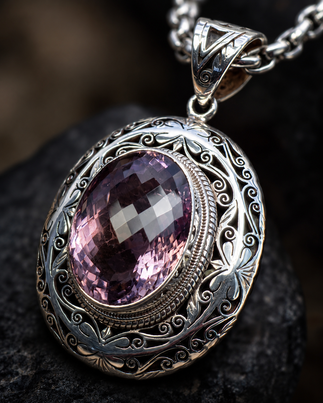 Handmade Sterling Silver 40ct Amethyst Pendant Necklace | Floral Filigree Statement Jewelry