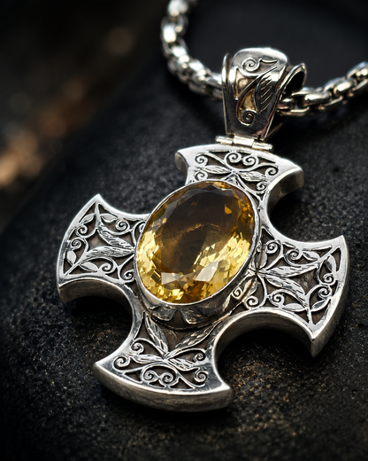 Sterling Silver Citrine Cross Pendant, Ornate Filigree Gothic Maltese Cross Jewelry