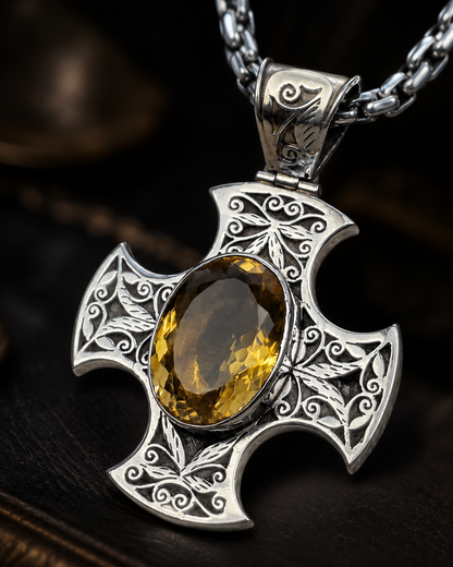 Sterling Silver Citrine Cross Pendant, Ornate Filigree Gothic Maltese Cross Jewelry