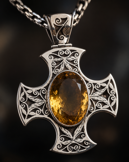 Sterling Silver Citrine Cross Pendant, Ornate Filigree Gothic Maltese Cross Jewelry