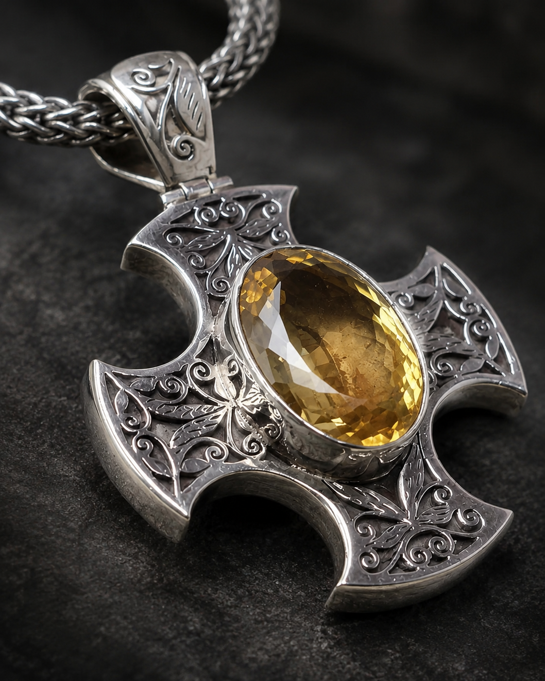 Sterling Silver Citrine Cross Pendant, Ornate Filigree Gothic Maltese Cross Jewelry