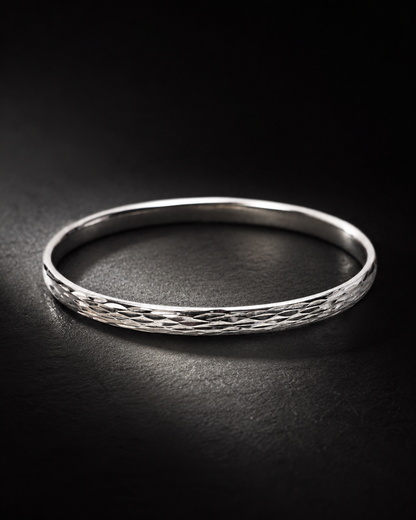Solid Sterling Silver 5mm Diamond Cut Bangle Bracelet – Faceted Sparkle Oval Stacking Bangle