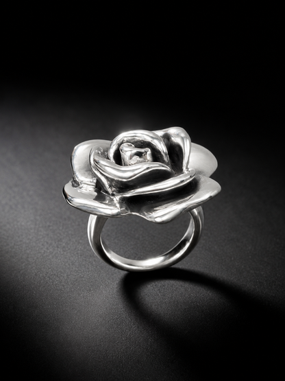 Sterling Silver Rose Ring, Hollow Flower Statement Ring, Floral Cocktail Ring for Women