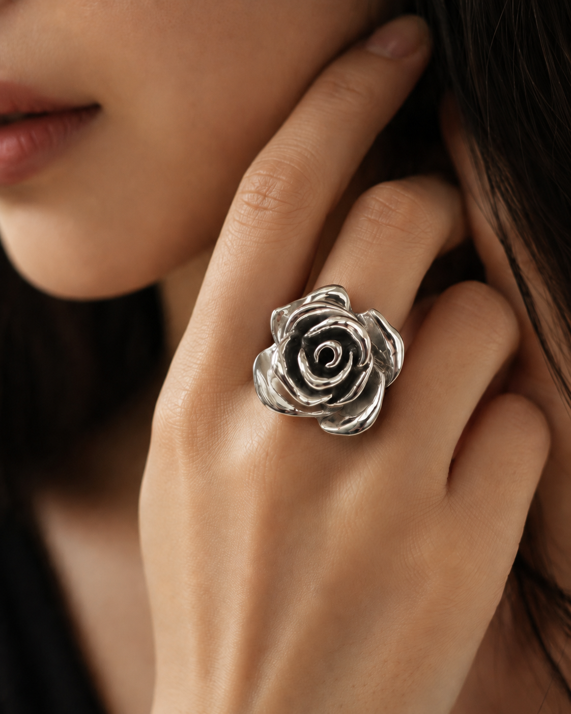 Sterling Silver Rose Ring, Hollow Flower Statement Ring, Floral Cocktail Ring for Women