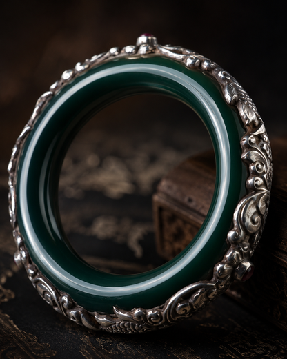 Sterling Silver Green Onyx & Ruby Star Bangle, 14mm Handmade Fish Floral Cuff Bracelet
