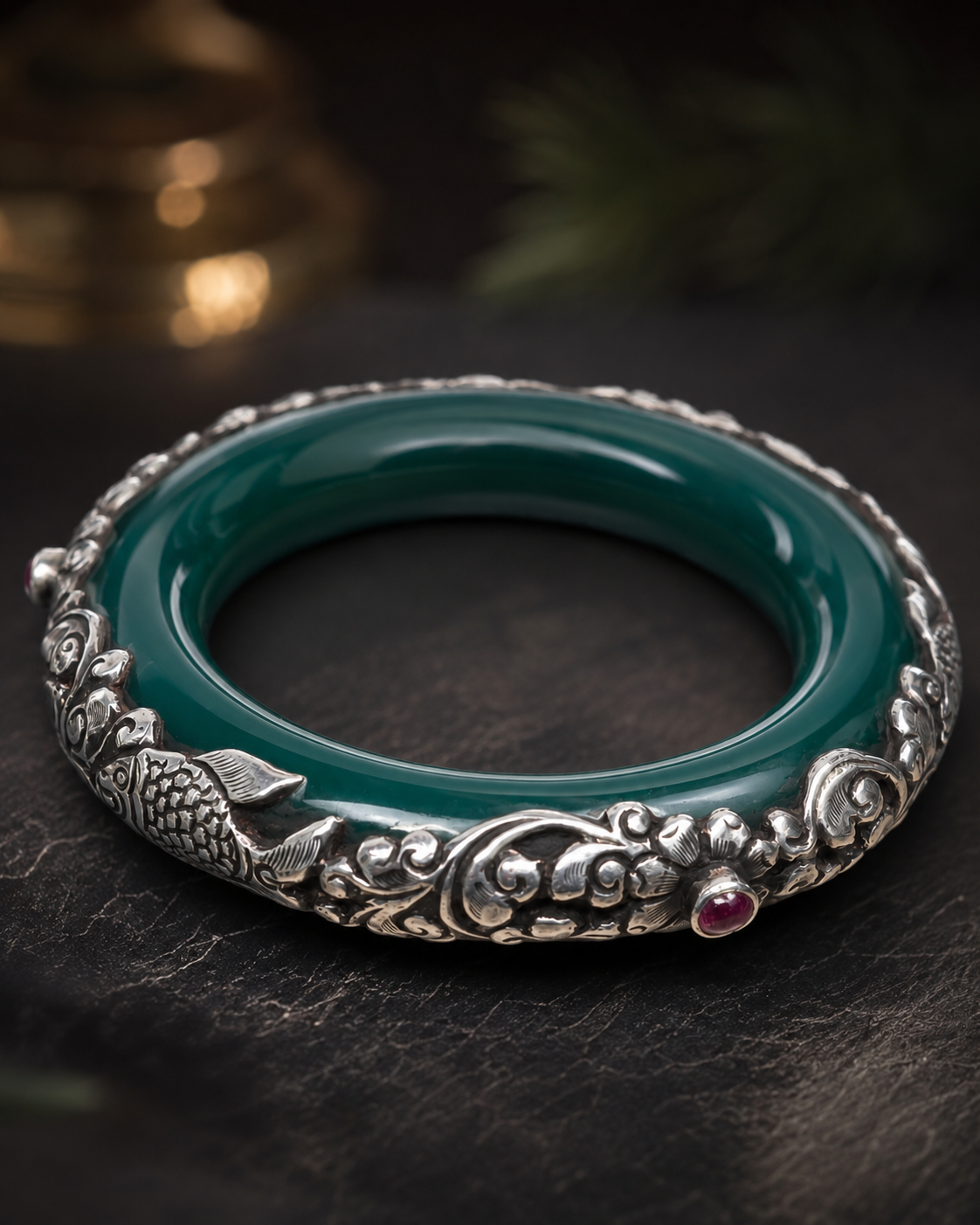 Sterling Silver Green Onyx & Ruby Star Bangle, 14mm Handmade Fish Floral Cuff Bracelet