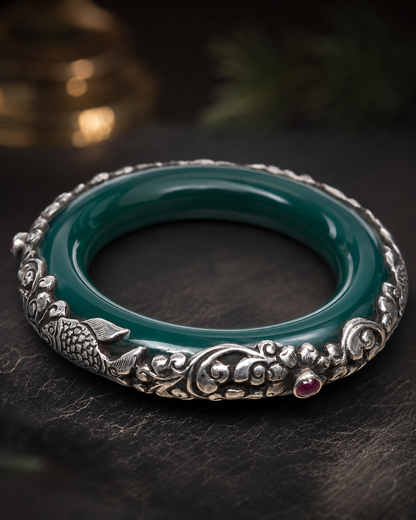 Sterling Silver Green Onyx & Ruby Star Bangle, 14mm Handmade Fish Floral Cuff Bracelet