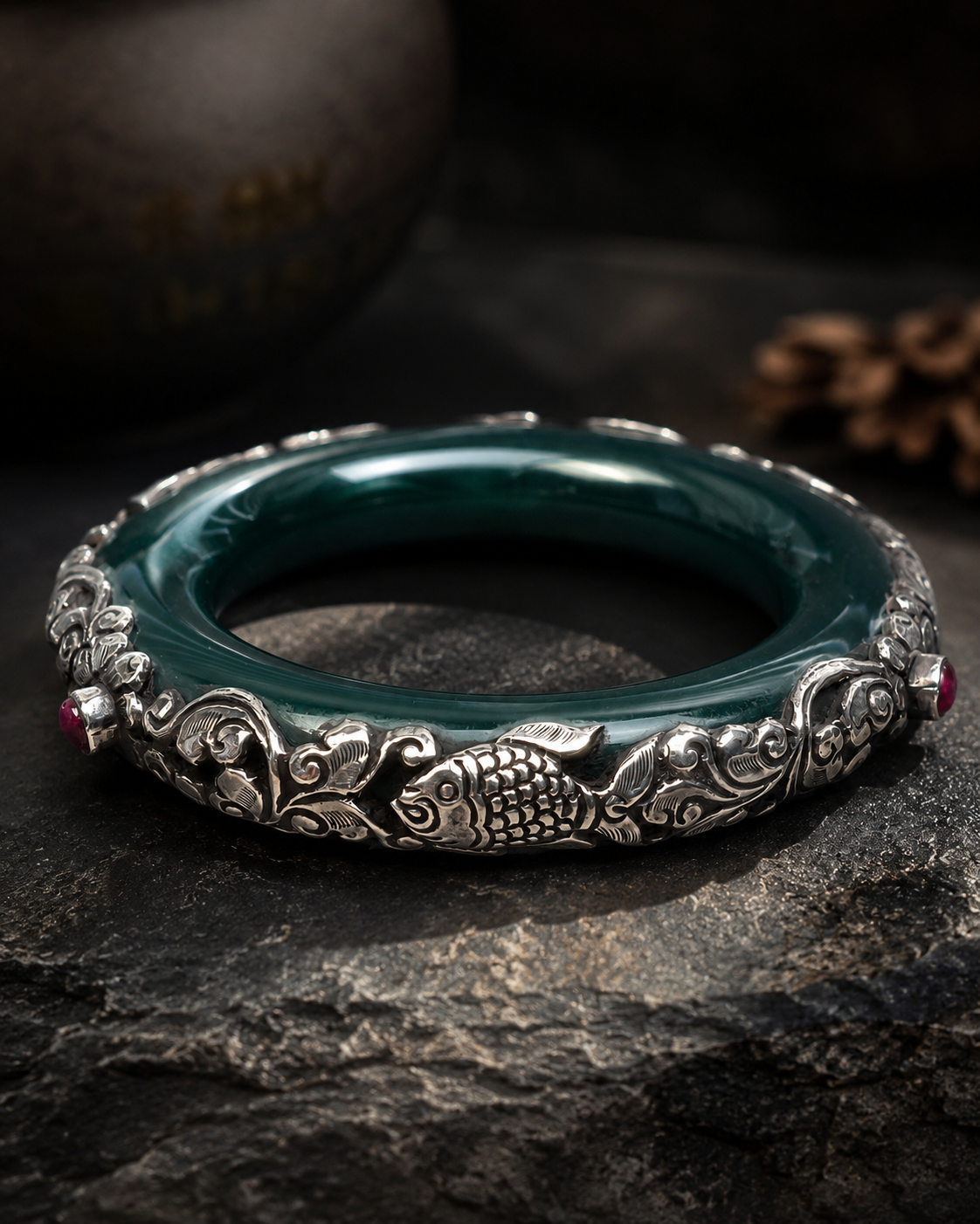 Sterling Silver Green Onyx & Ruby Star Bangle, 14mm Handmade Fish Floral Cuff Bracelet