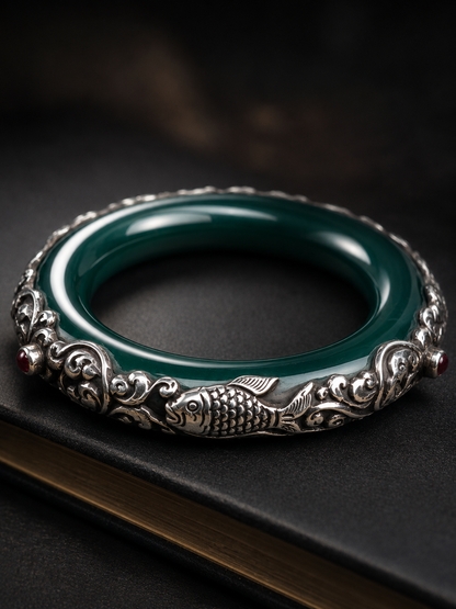Sterling Silver Green Onyx & Ruby Star Bangle, 14mm Handmade Fish Floral Cuff Bracelet
