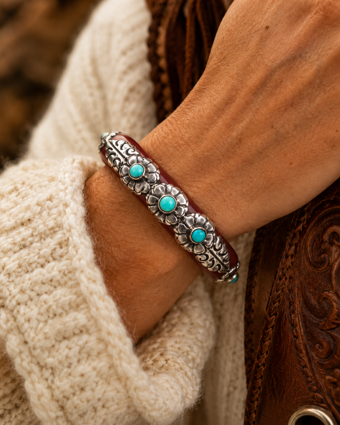 Sterling Silver Agate and Turquoise Bangle Bracelet