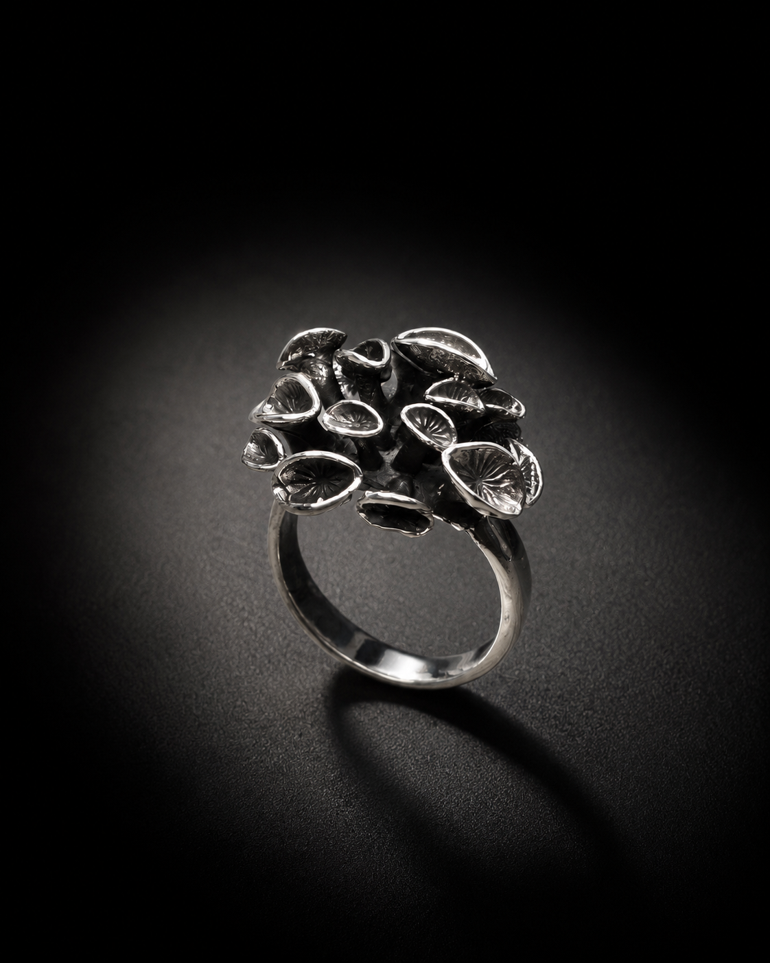 Sterling Silver Mushroom Cluster Ring, Oxidized Woodland Fungi Statement Ring, Handmade Botanical Nature Jewelry
