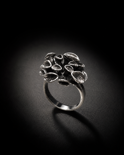 Sterling Silver Mushroom Cluster Ring, Oxidized Woodland Fungi Statement Ring, Handmade Botanical Nature Jewelry