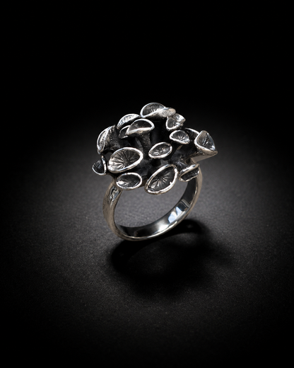 Sterling Silver Mushroom Cluster Ring, Oxidized Woodland Fungi Statement Ring, Handmade Botanical Nature Jewelry
