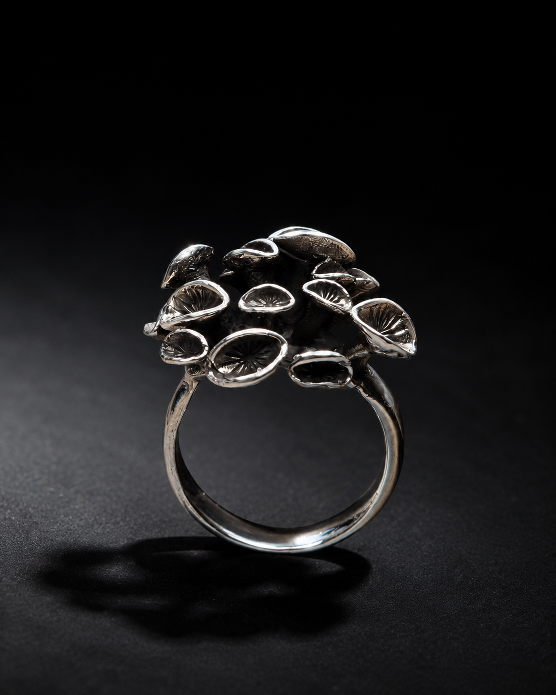 Sterling Silver Mushroom Cluster Ring, Oxidized Woodland Fungi Statement Ring, Handmade Botanical Nature Jewelry