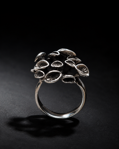 Sterling Silver Mushroom Cluster Ring, Oxidized Woodland Fungi Statement Ring, Handmade Botanical Nature Jewelry