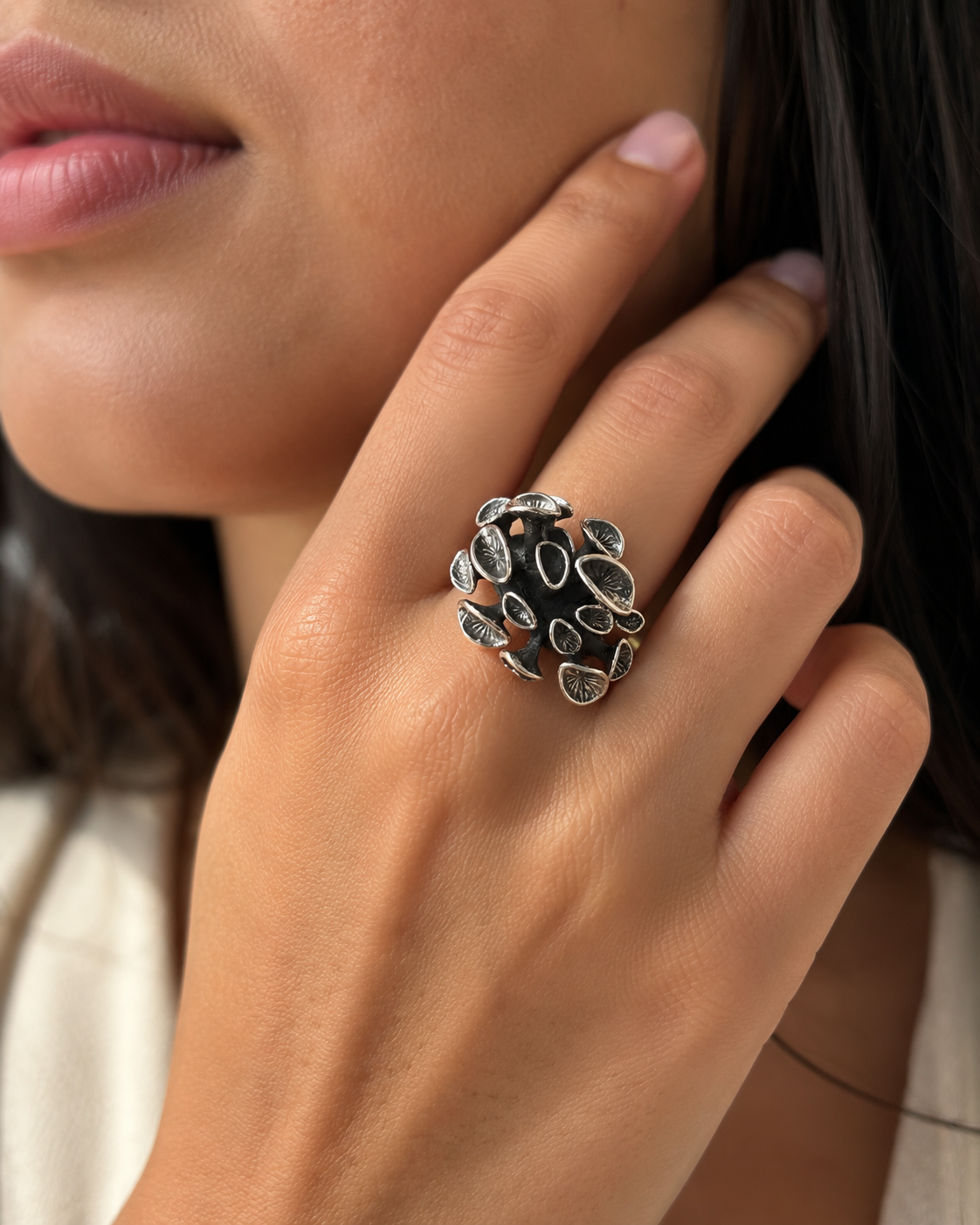 Sterling Silver Mushroom Cluster Ring, Oxidized Woodland Fungi Statement Ring, Handmade Botanical Nature Jewelry