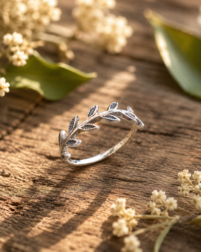Sterling Silver Olive Branch Ring, Leaf Vine Ring,  Nature Inspired Silver Band, Botanical Jewelry Gift