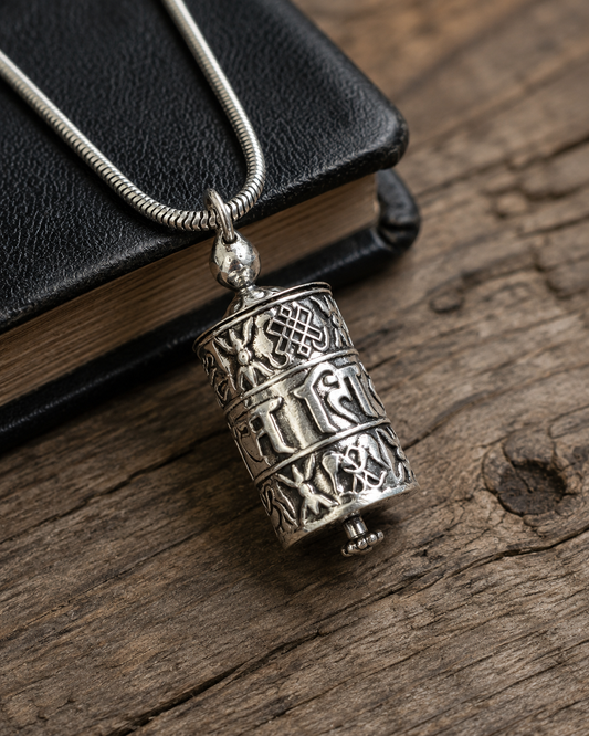 Sterling Silver Prayer Wheel Pendant  – Spinning Hollow Mantra Charm