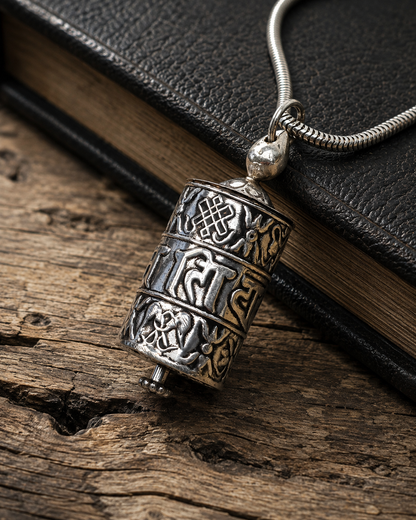 Sterling Silver Prayer Wheel Pendant  – Spinning Hollow Mantra Charm