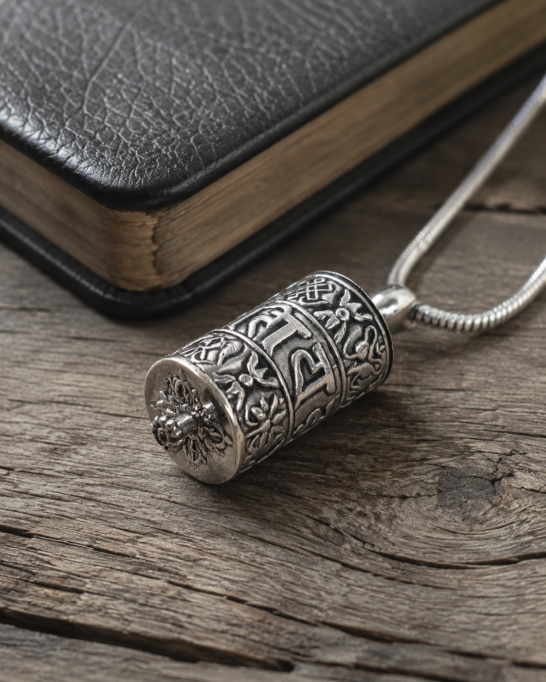 Sterling Silver Prayer Wheel Pendant  – Spinning Hollow Mantra Charm