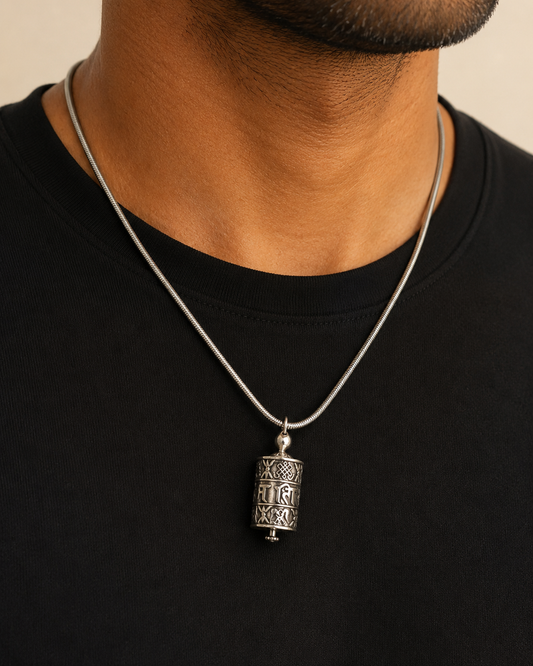 Sterling Silver Prayer Wheel Pendant  – Spinning Hollow Mantra Charm