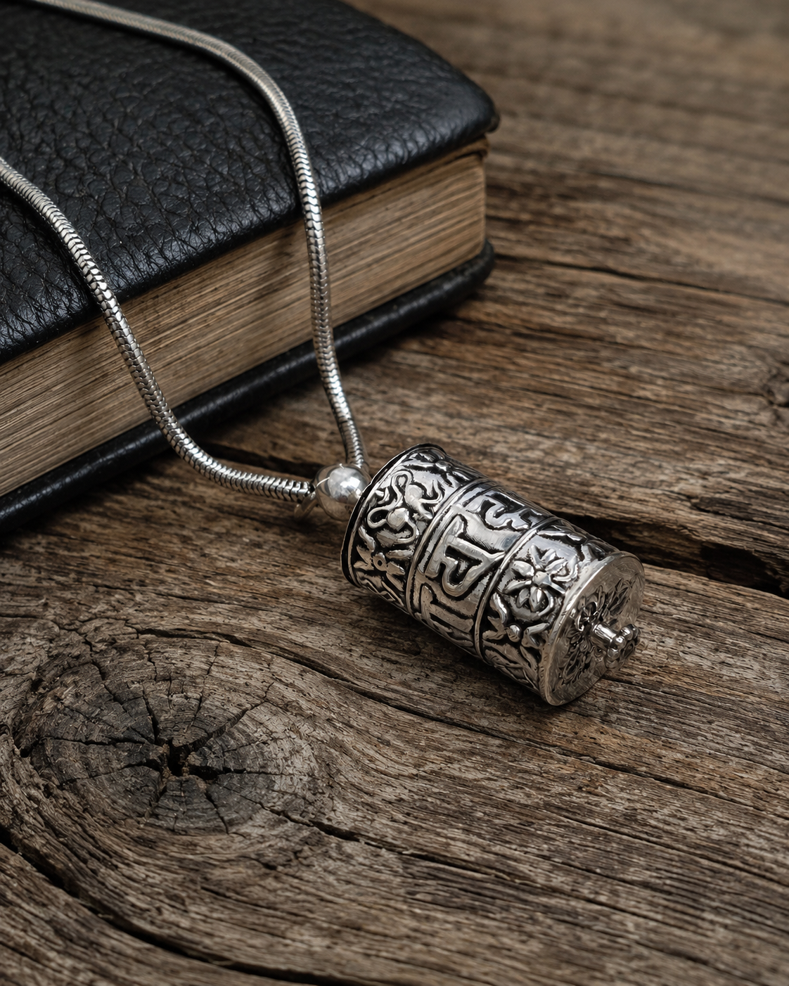 Sterling Silver Prayer Wheel Pendant  – Spinning Hollow Mantra Charm