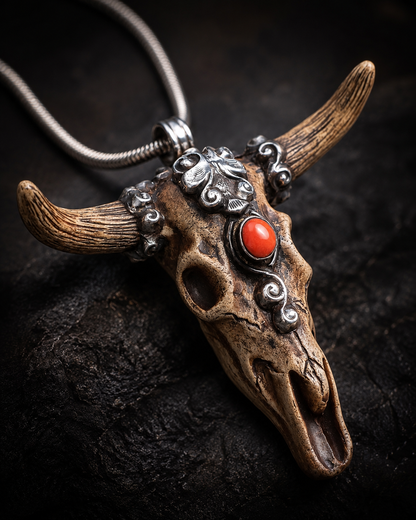 Sterling Silver Carved Bison Bone Horned Skull Pendant with Coral Stone