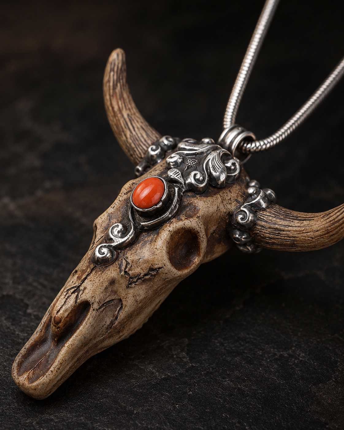 Sterling Silver Carved Bison Bone Horned Skull Pendant with Coral Stone