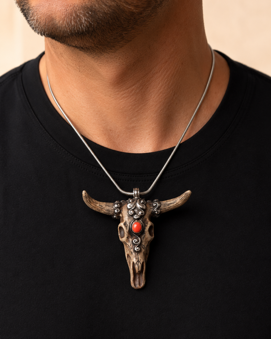 Sterling Silver Carved Bison Bone Horned Skull Pendant with Coral Stone