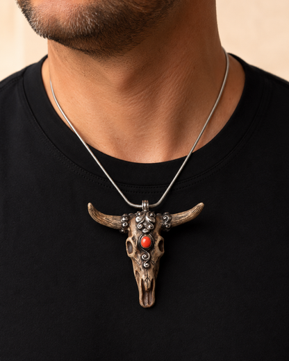 Sterling Silver Carved Bison Bone Horned Skull Pendant with Coral Stone