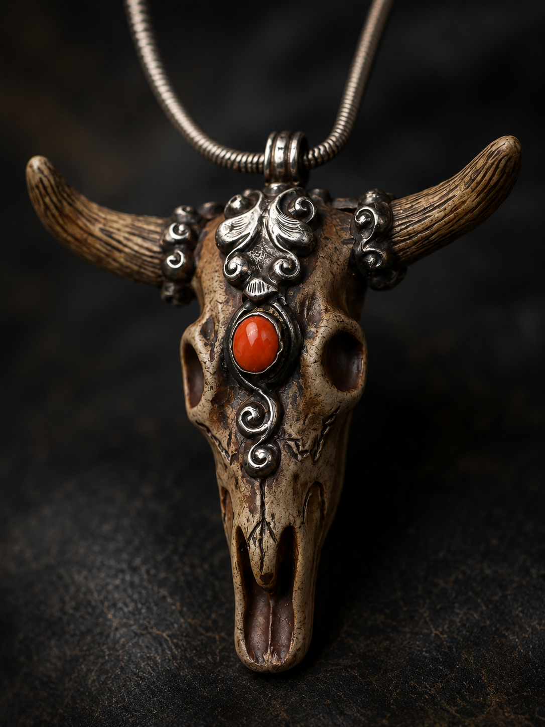 Sterling Silver Carved Bison Bone Horned Skull Pendant with Coral Stone