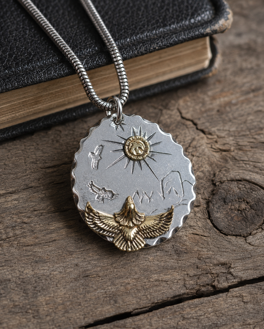 Solid Sterling Silver Eagle Pendant, Double Sided Mountain Sun Necklace Charm, Bird of Prey Pendant Only