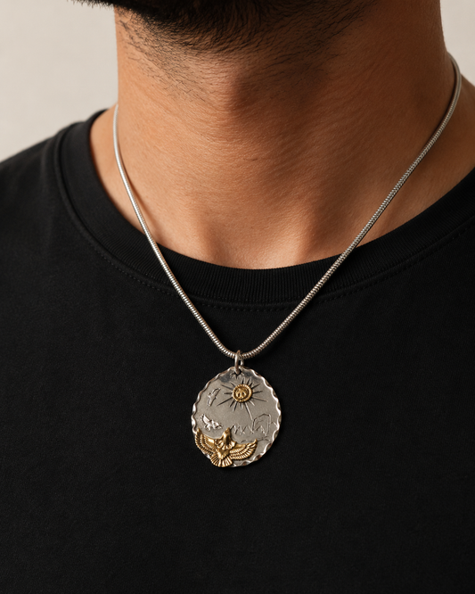 Solid Sterling Silver Eagle Pendant, Double Sided Mountain Sun Necklace Charm, Bird of Prey Pendant Only