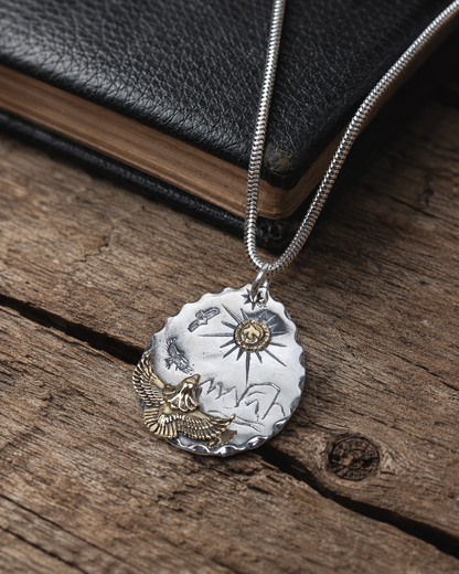 Solid Sterling Silver Eagle Pendant, Double Sided Mountain Sun Necklace Charm, Bird of Prey Pendant Only