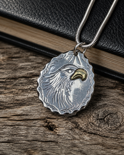 Solid Sterling Silver Eagle Pendant, Double Sided Mountain Sun Necklace Charm, Bird of Prey Pendant Only