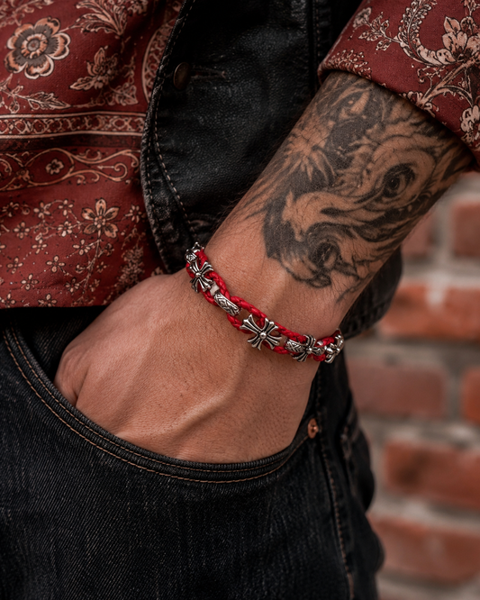 Sterling Silver Fleur de Lis Red Leather Bracelet, Braided Leather Cross Bracelet, Gothic Fleur de Lis Jewelry, Silver Leather Bracelet