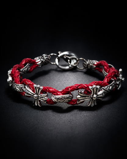 Sterling Silver Fleur de Lis Red Leather Bracelet, Braided Leather Cross Bracelet, Gothic Fleur de Lis Jewelry, Silver Leather Bracelet