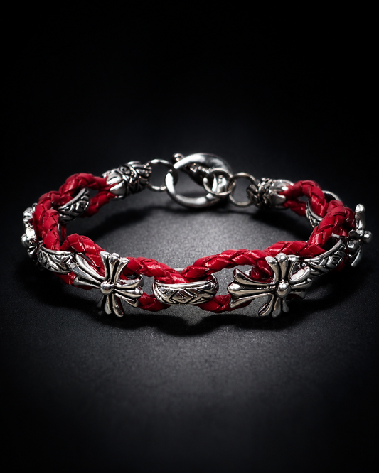 Sterling Silver Fleur de Lis Red Leather Bracelet, Braided Leather Cross Bracelet, Gothic Fleur de Lis Jewelry, Silver Leather Bracelet