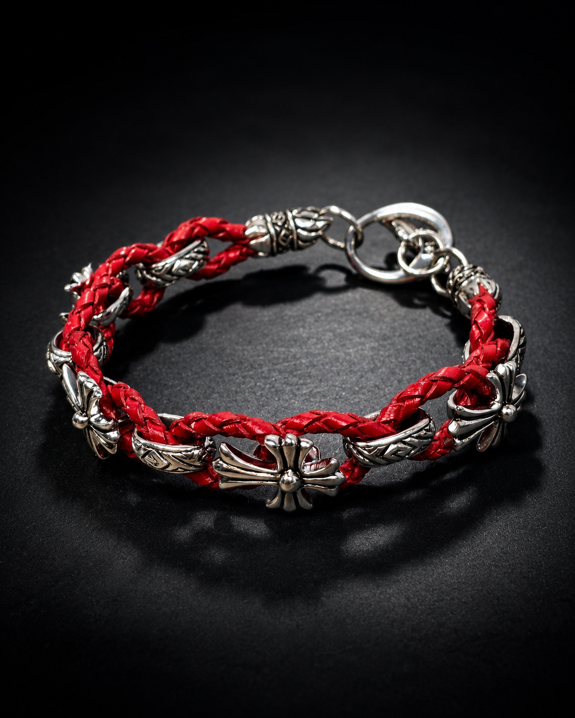 Sterling Silver Fleur de Lis Red Leather Bracelet, Braided Leather Cross Bracelet, Gothic Fleur de Lis Jewelry, Silver Leather Bracelet
