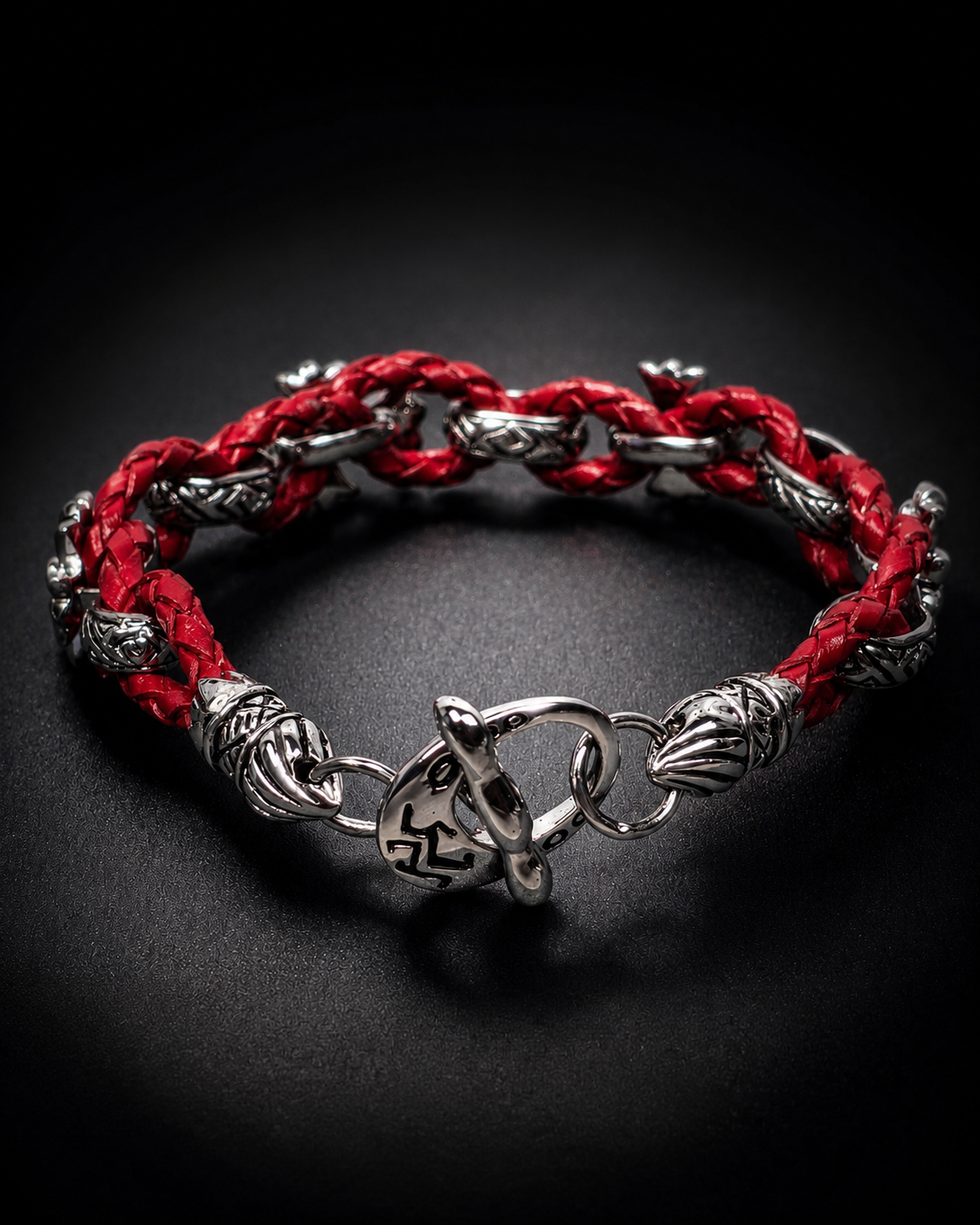Sterling Silver Fleur de Lis Red Leather Bracelet, Braided Leather Cross Bracelet, Gothic Fleur de Lis Jewelry, Silver Leather Bracelet